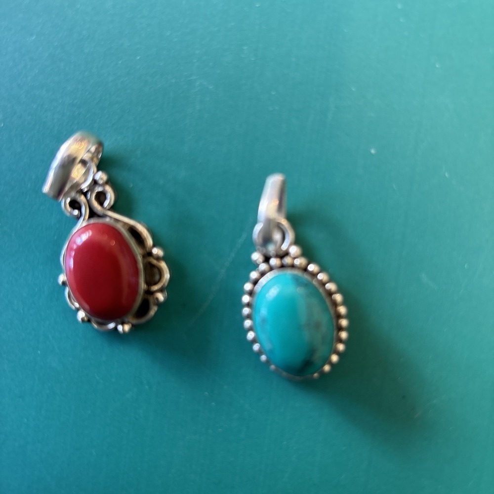 Turquoise And Red Coral Pendants Vintage Set In Sterling Silver Artisan Crafted.